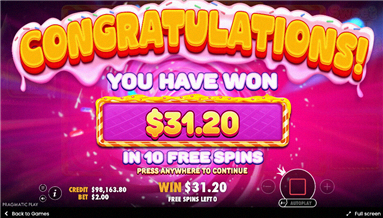 Sweet Rush Bonanza — schermata grande vincita nei free spin