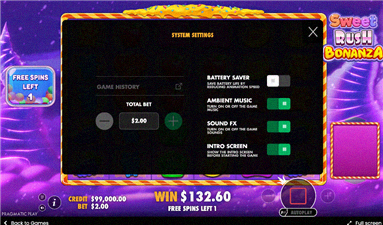 Sweet Rush Bonanza — impostazioni di sistema