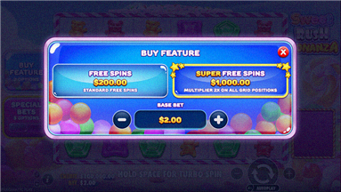 Sweet Rush Bonanza — dialogo Buy Feature con due opzioni