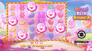 Sweet Rush Bonanza — schermata di avvio demo con griglia 7x5